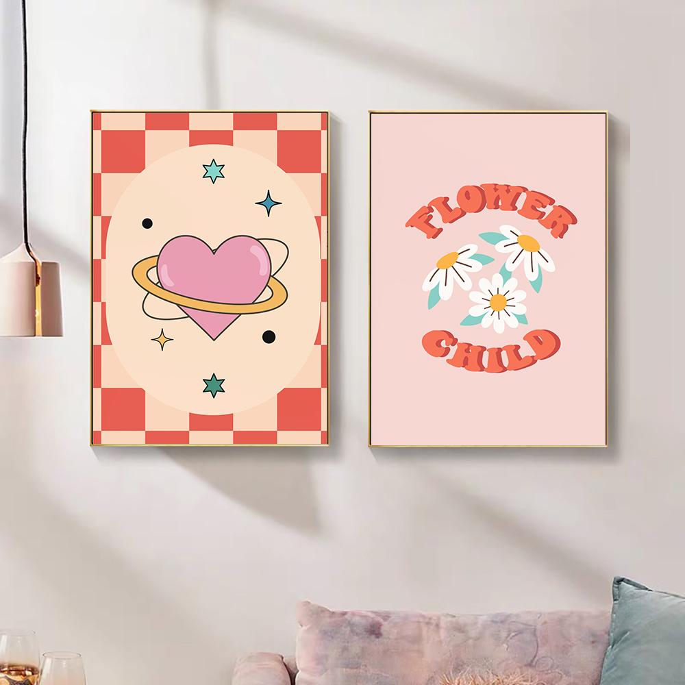 Groovy Retro Wall Art Gallery Picture Set Hippie Poster Print Kids Room Rainbow Cartoon Flower Cute Canvas Painting Home Decor