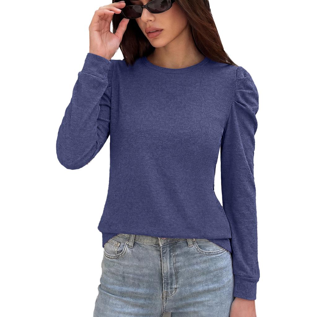 Women Loose Round Neck Pleated Puff Long Sleeve Solid Color T Shirt Top