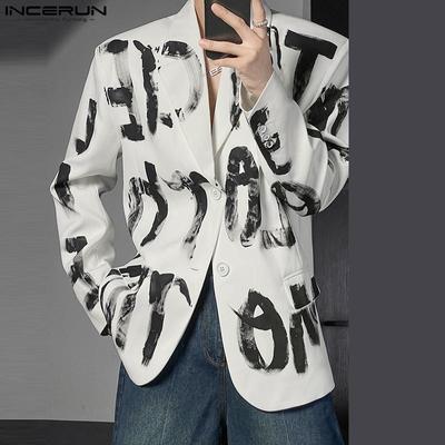 Spring Men Lapel Neck Long Sleeve Print Thin Blazer Button Coats