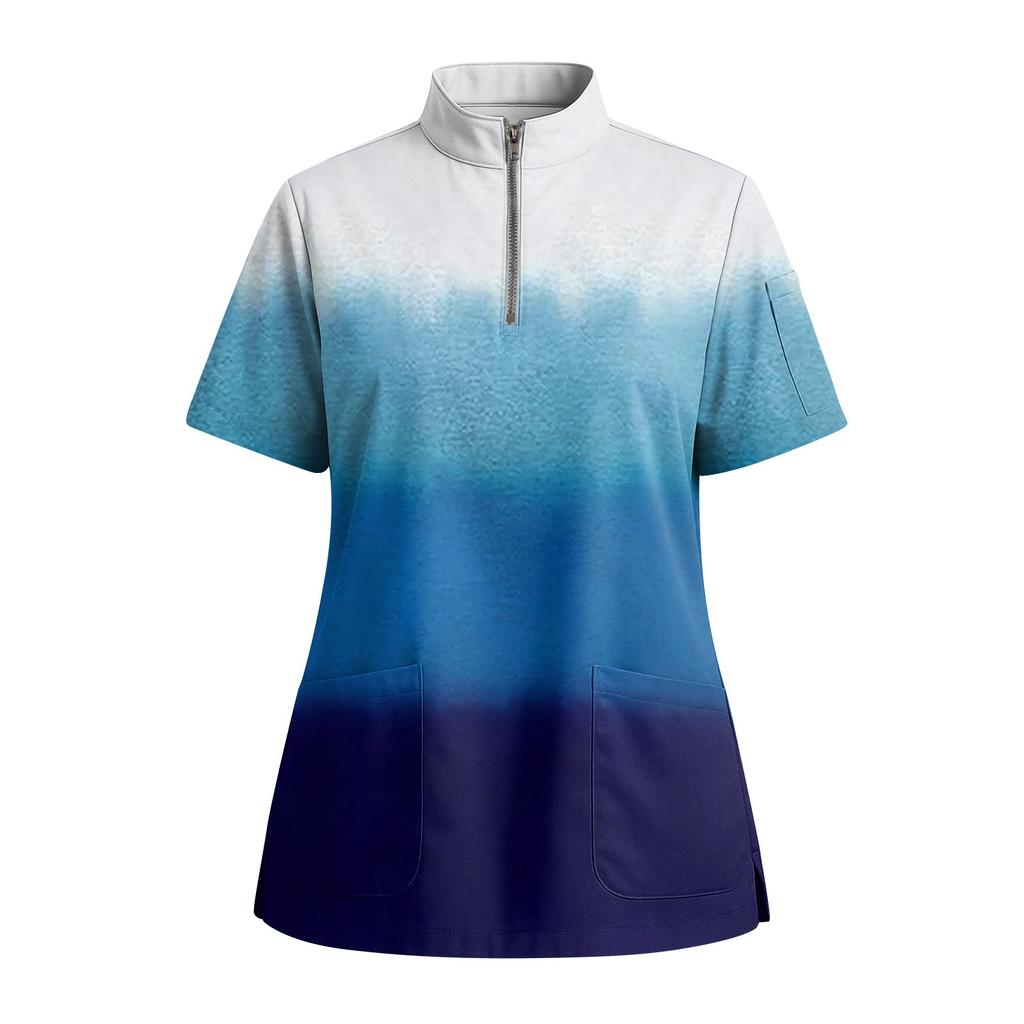 Women's Short Sleeved Printed V-neck Buttonable Side Slit Top T-shirt