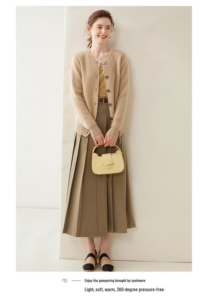 2024 Women's Cashmere Ribbed Round Neck Loose Knit Cardigan Sweater for Autumn/Winter