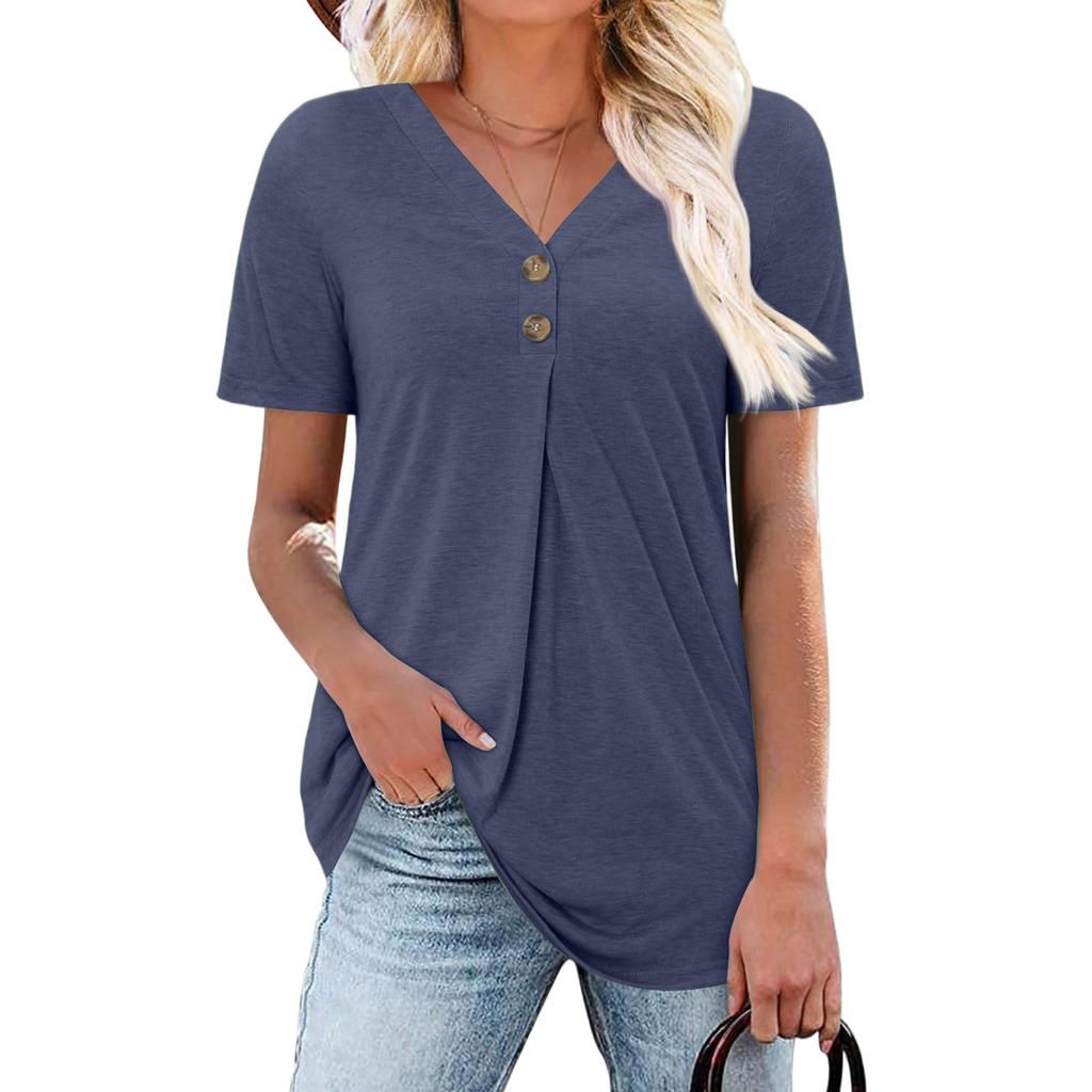 Women's Fashion Casual Short Sleeve Buttoned V-Neck T-Shirt Top