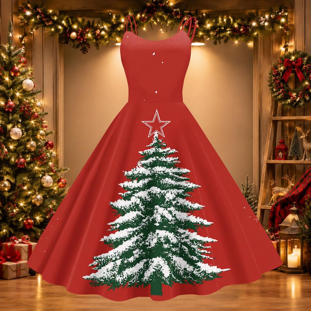 Damen Weihnachtsdruck Off-Shoulder Vintage Kleid