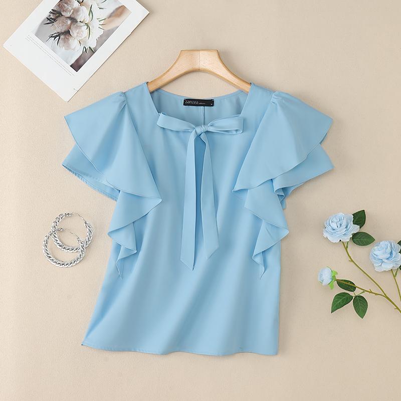 ZANZEA Women Casual Square Collar Ruffles Short Sleeve Loose Blouse
