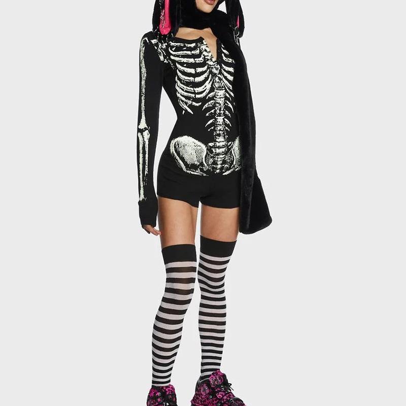 AltGoth Dark Goth Hotsweet Jumpsuit Damen Y2k E-Girl Totenkopf Print Langarm O-Ausschnitt Hohe Taille Strampler Punk Grunge Indie Kleidung