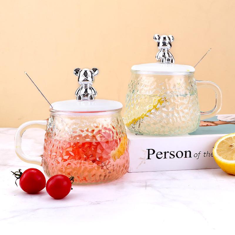 Trendige Bären-Glastasse mit Henkel & Deckel - Stilvolle und niedliche Heim-Wassertasse