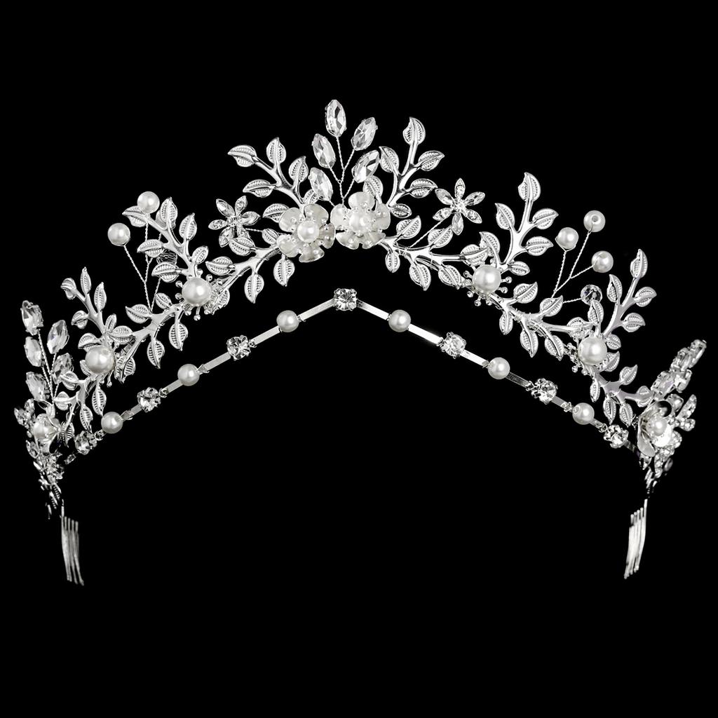 Leaf Wedding Crown for Bride Pearl Floral Bridal Tiara Vintage Grecian Goddess Headpiece Forest Style Bohemian Hair Accessories