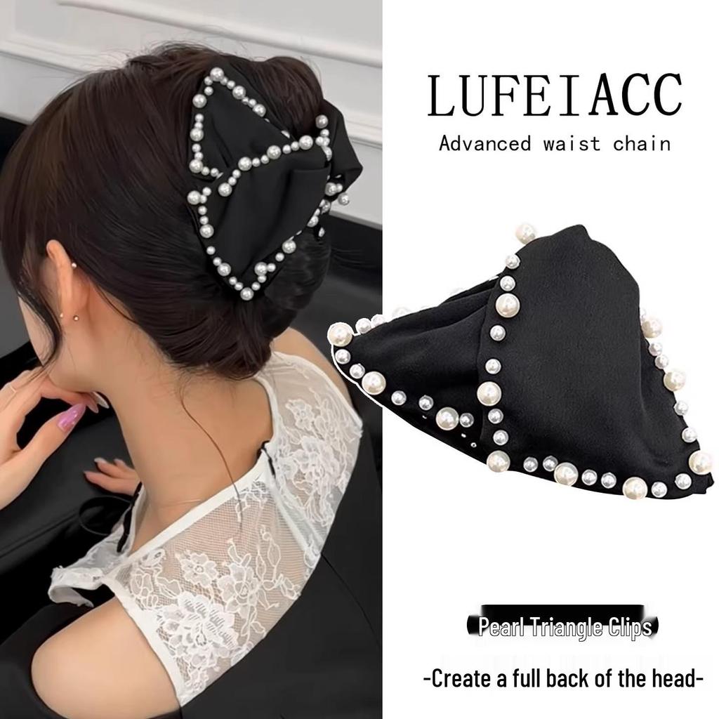 French Luxury Beaded Triangle Hair Claw Clip 2026 - Elegant Half-Up Shark Clip for Women