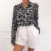 Blusa estampa leopardo feminina chique casual manga comprida gola virada para baixo escritório senhora vintage tamanho grande