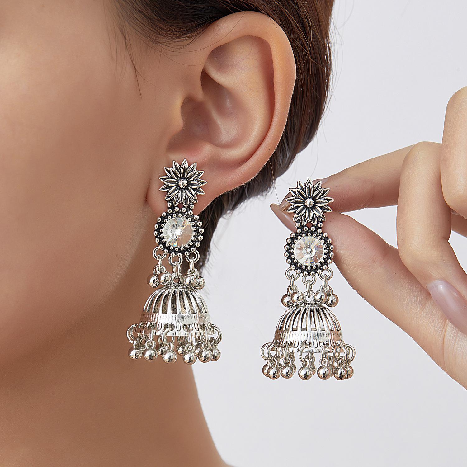 Bohemian Ethnic Style Rhinestone Crystal Flower Tassel Earrings for Women