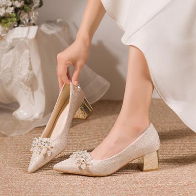 Fashion Low-heeled Temperament Single Shoes for Women 2025 Spring and Autumn Thick Heel Soft Sole Pointed Toe Shallow Mouth