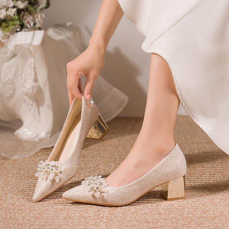 Fashion Low-heeled Temperament Single Shoes for Women 2025 Spring and Autumn Thick Heel Soft Sole Pointed Toe Shallow Mouth