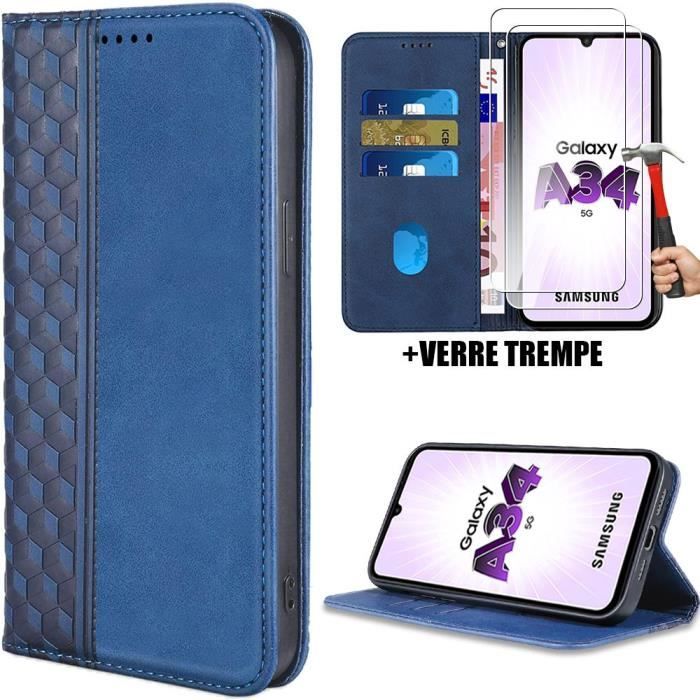 Coque + 2 Verres Trempés pour Samsung Galaxy A34 5G, Protection Anti-Rayures Effet Cuir Bleu Marine Elégant Luxe Magnétique