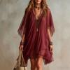 Rochie de plajă tip tunică pentru femei, stil boho, cu decolteu în V, din șifon fluid, cu bordură croșetată