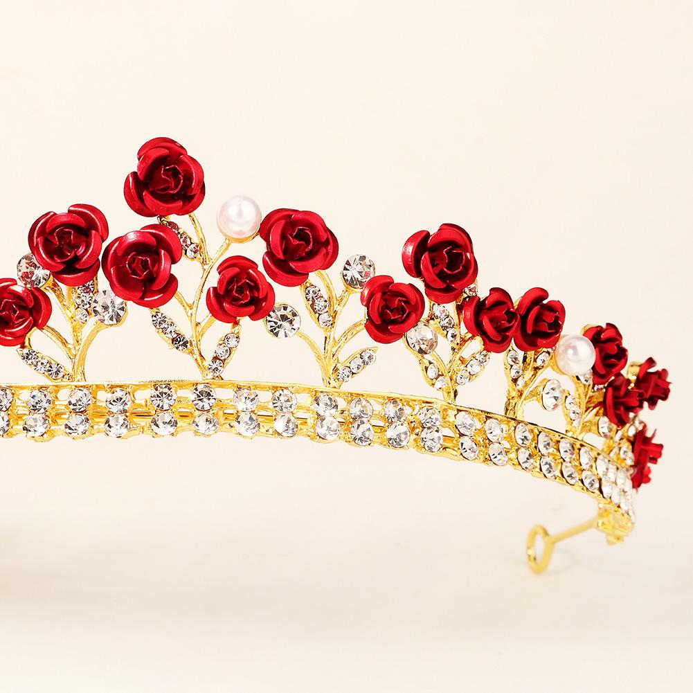 Luxury Gold Red Rose Rhinestone Bridal Tiaras Crown Vintage Baroque Crystal Diadem For Brides Headbands Wedding Hair Accessories