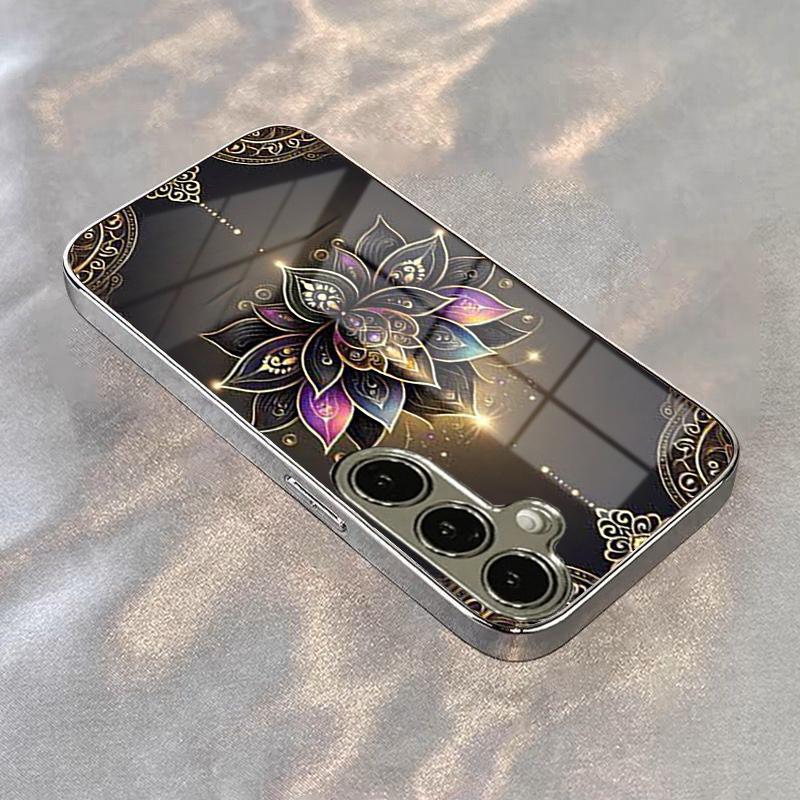 Mandala Lotus Pattern Electroplate Silver Phone Case For Samsung Galaxy S26 S25 S24 S23 Ultra Plus FE Tempered Glass Cover