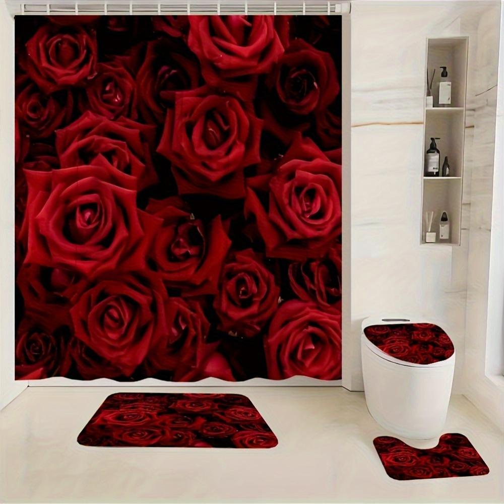 4Pcs Bathroom Shower Curtain Set  Red Rose Bathroom Curtain With 12 Hooks Non Slip Rugs Toilet Cover Mat Bathroom Partition