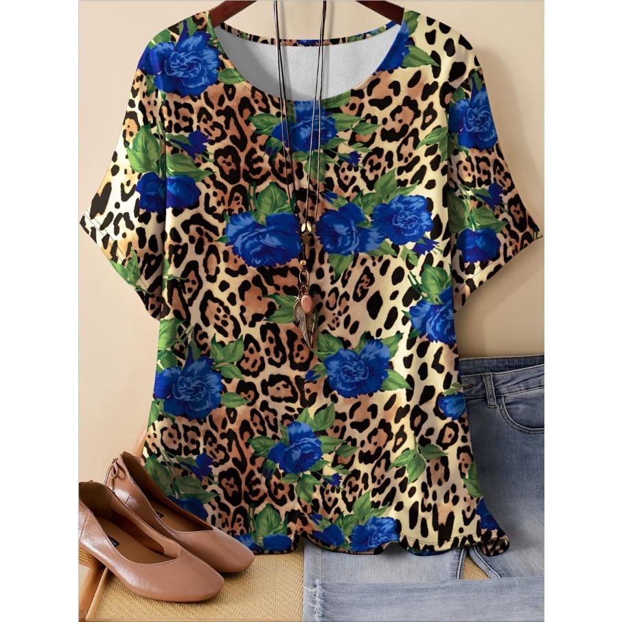 XL-7XL Übergröße Damen Casual 3D-Druck Lockerer Rundhals Kurzarm T-Shirt Top