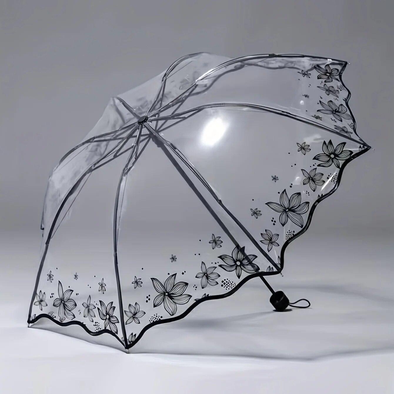 

New Wave Edge Retro Transparent Umbrella PVC Three Folding Arch Butterfly Rose Umbrella