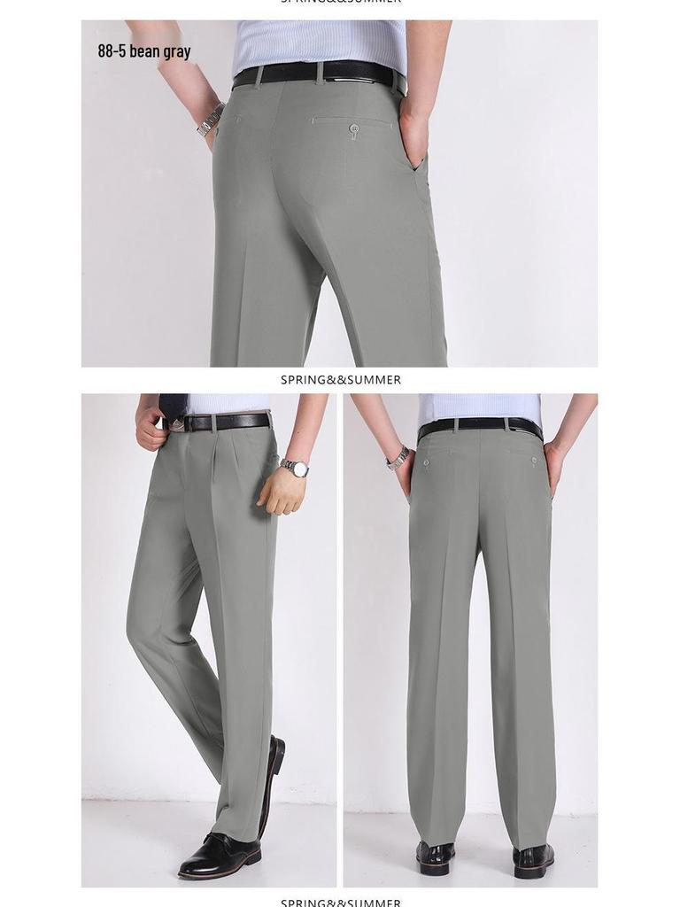 Men's Summer Mulberry Silk Dress Pants: Double Pleated, Loose Fit, Straight Leg, High Waist, Deep Crotch.
