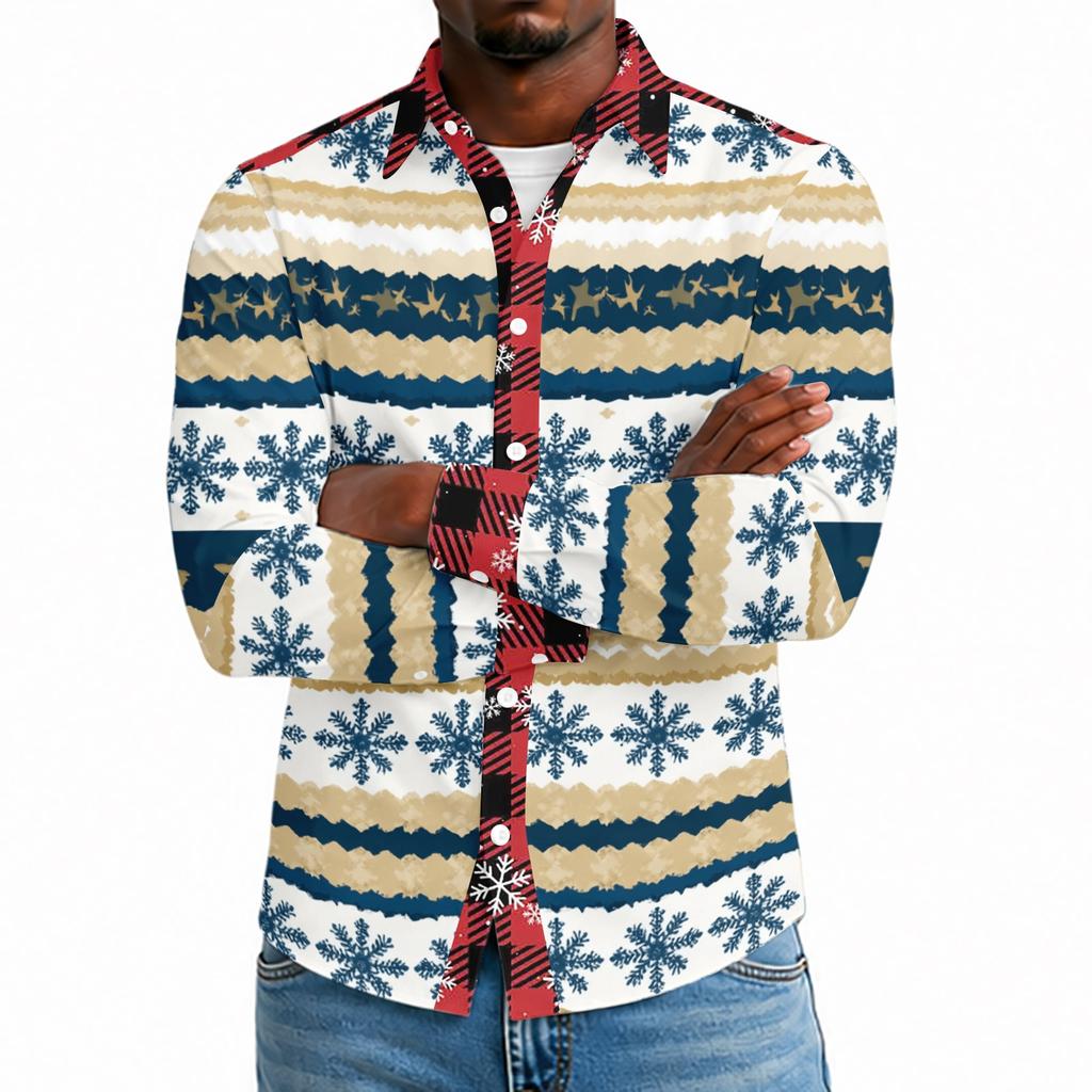 Men's Casual Long Sleeve Shirt with Christmas Print for Spring and Everyday Wear