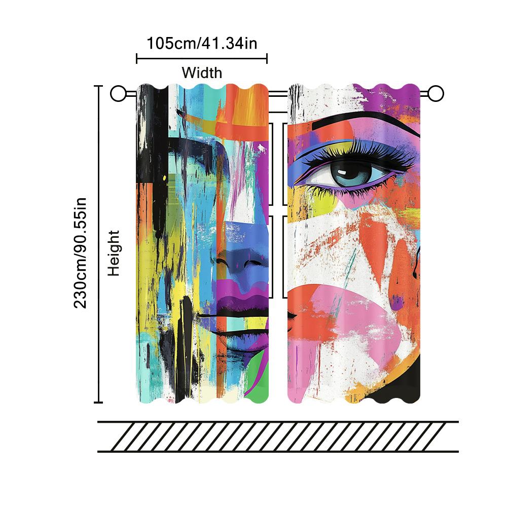 2Pcs Abstract Curtains Woman Face Art Composition Paint Strokes And Splashes Eye Red Lips Pattern Window Drapes Ai2