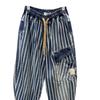Talla Grande 300 Libras Modernos Pantalones Harem de Verano para Hombre de Mezclilla con Rayas Verticales Cintura Elástica Nueve Puntos