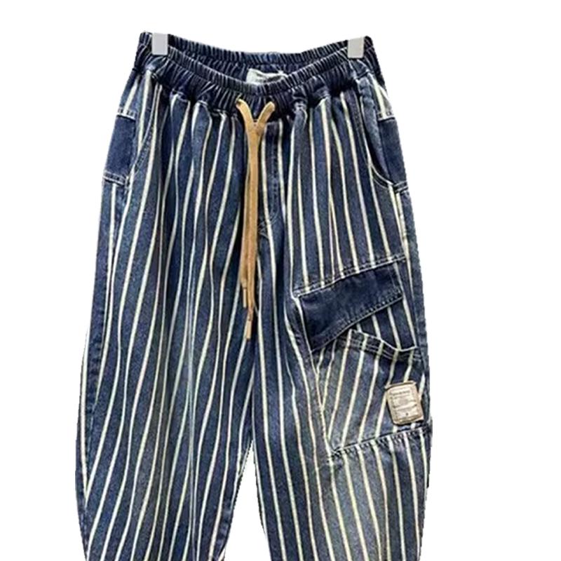 Talla Grande 300 Libras Modernos Pantalones Harem de Verano para Hombre de Mezclilla con Rayas Verticales Cintura Elástica Nueve Puntos