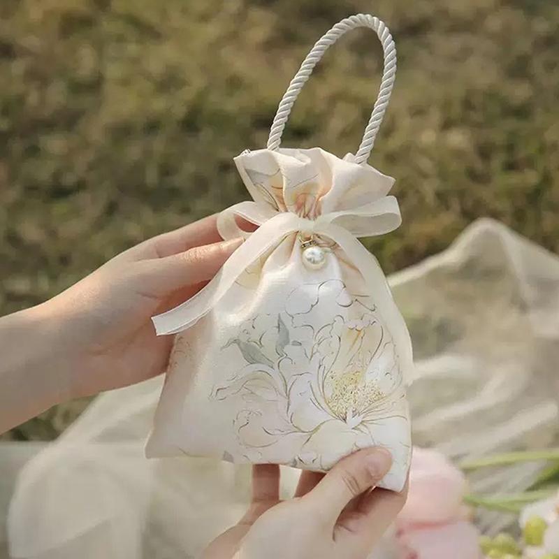 5 Pieces Elegant Floral Drawstring Gift Bags With Pearl Embellishments And Ribbon - Perfect For Weddings, Birthdays, Holidays