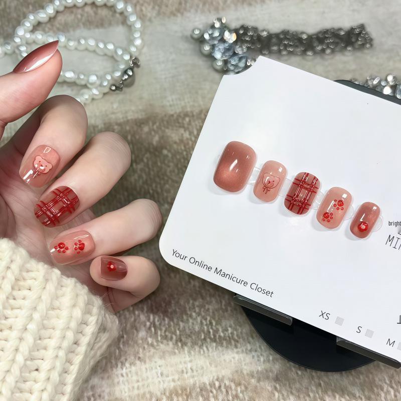 

Handmade Red-Brown Plaid Cat Eye Nail Stickers with Panda Paw Design XS (Small Nail Beds | Petite)