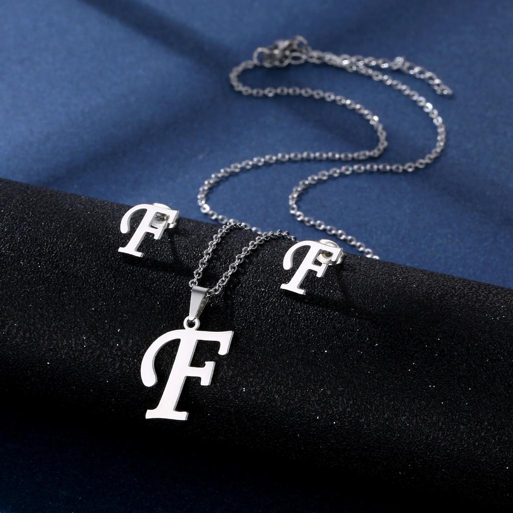 Fashion Alphabet Necklace And Earrings Set Shiny Colorfast Pendant Choker Jewelry