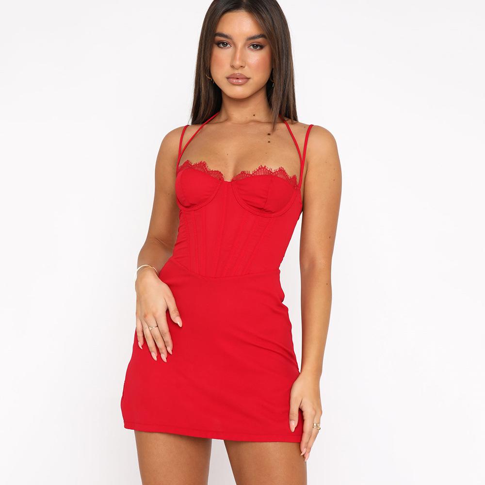 European and American dresses, women s new lace fishbone split halter short suspender dresses XS