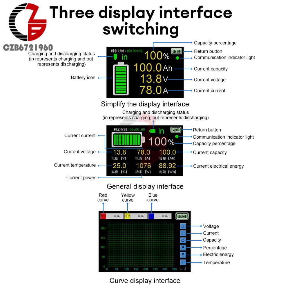 H80c Rv Car Battery Capacity Tester 3.5inch Touch Color Screen Bidirectional Current Detection Coulomb Meter DC 10-100V 50A 400A