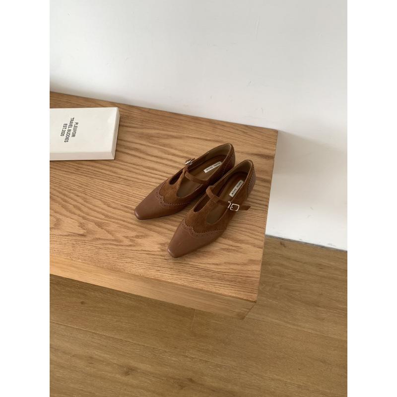 

Европейская станция женская обувь 2025 осень мода Т-образный ремешок сращивание квадратный носок повседневная на низком каблуке рабочая обувь 39 коричневый