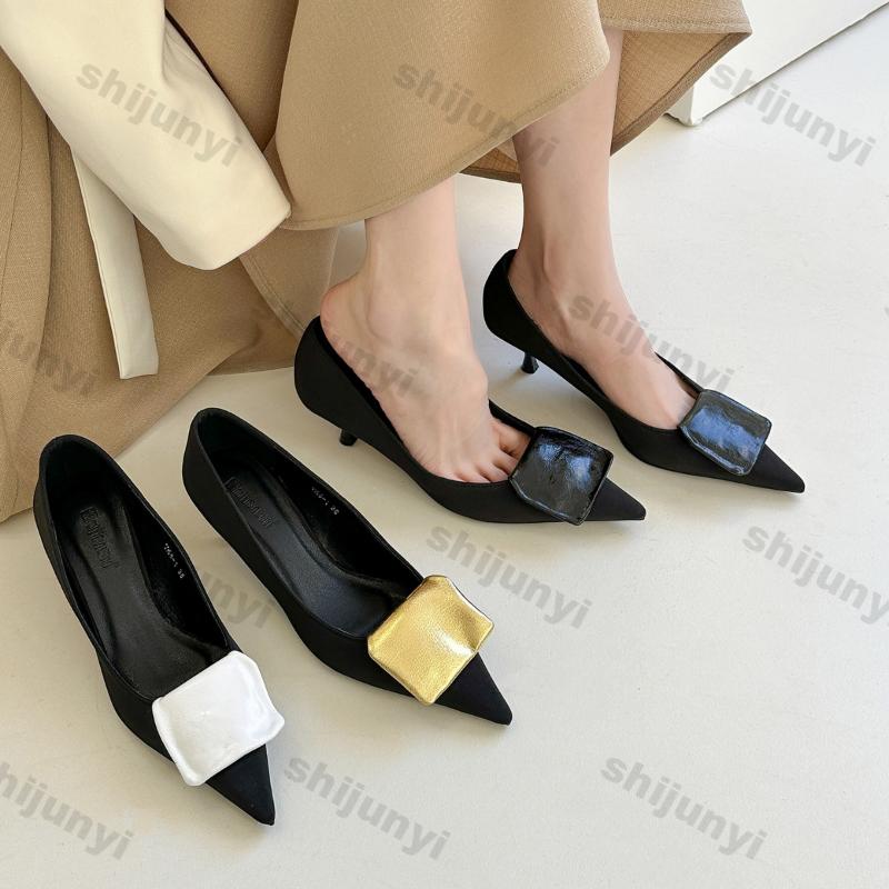 Women Pointy High Heels Fashion Black Shallow Slip on Thick Heel Shoes 2025 Spring New Designer Party Dress Pumps Single Shoes