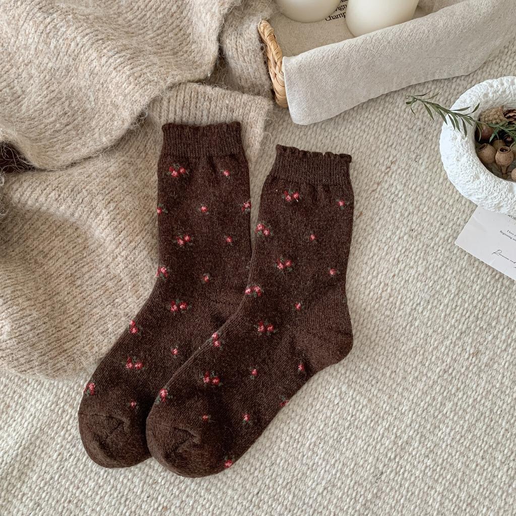 Dark Gray Vintage Thickened Warm Children'S Winter Floral Piles Of Socks Coffee Color Mid-Leg Socks Snow Boots Wool Socks