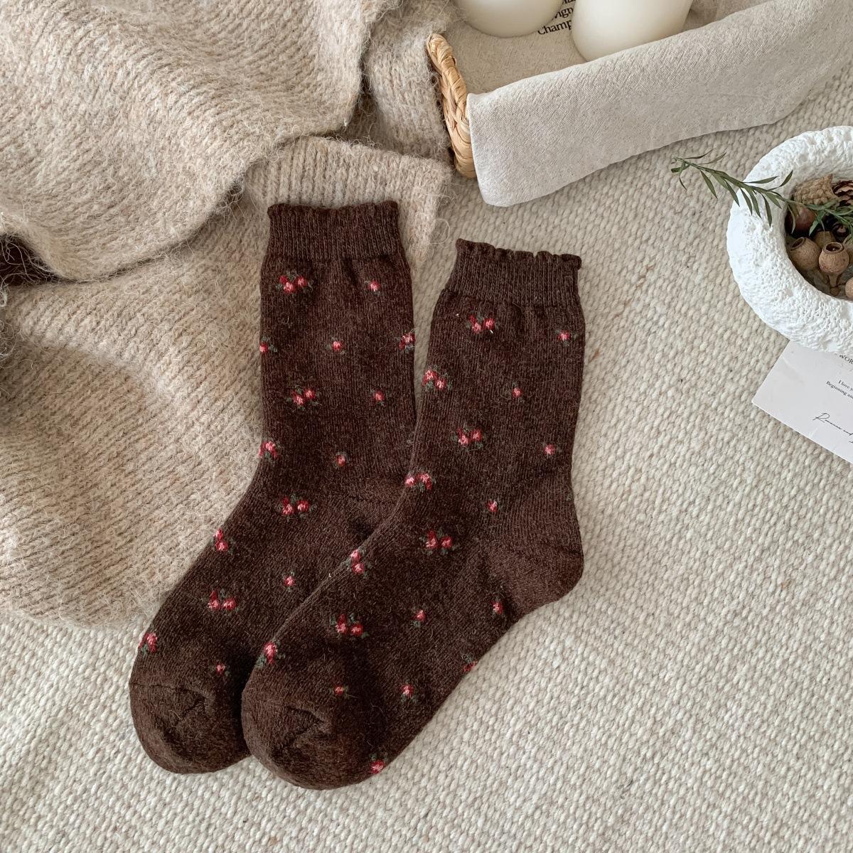 

Dark Gray Vintage Thickened Warm Children S Winter Floral Piles Of Socks Coffee Color Mid-Leg Socks Snow Boots Wool Socks One size fits all колір темно кави