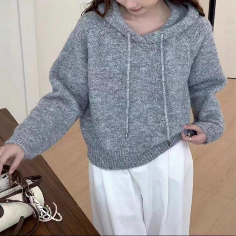 Korean Design Sense Drawstring Hooded Sweater Women's Autumn and Winter New Solid Color Versatile Casual and Thin Pullover Knitted Sweater Women
