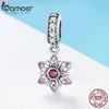 BAMOER 100% 925 Sterling Silver Pendant Pink Crystal Spring Flower Pink CZ Charm Fit Charm Bracelet