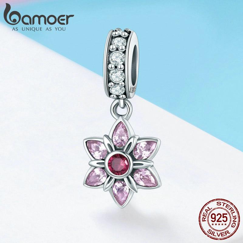 BAMOER 100% 925 Sterling Silver Pendant Pink Crystal Spring Flower Pink CZ Charm Fit Charm Bracelet