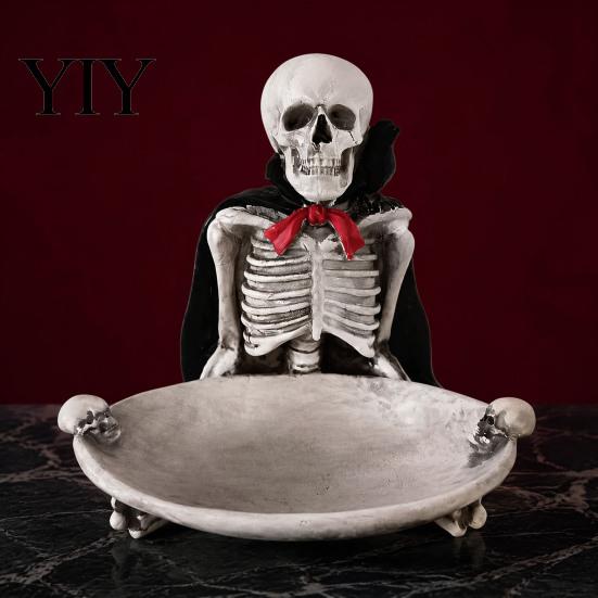 Gothic Home Decor Halloween Skeleton Decorative Tray, Storage Tray with Black Cape Red Spooky Table Centerpiece Bow, Multifunctional Desktop Organizer