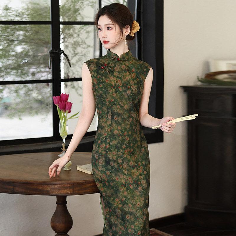 Green National Style New Chinese Sleeveless Suzhou Long Cheongsam Improved Young 1011 New Women's High Sense Summer