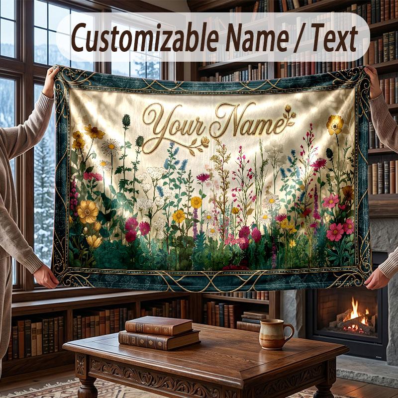 Floral Garden Theme Throw Blanket Custom Name Text Personalized Blanket Soft Cozy Blanket for Home Sofa Bed