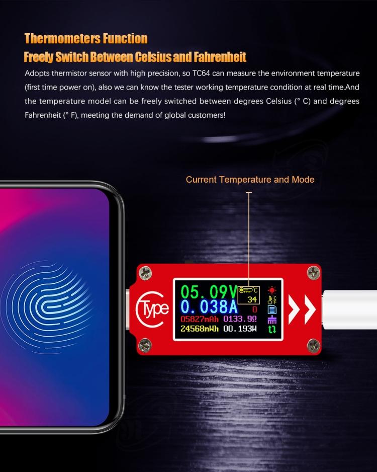 TC64 Color Ccreen PD Fast Charge Detection Type-C Voltage Current Meter Tester