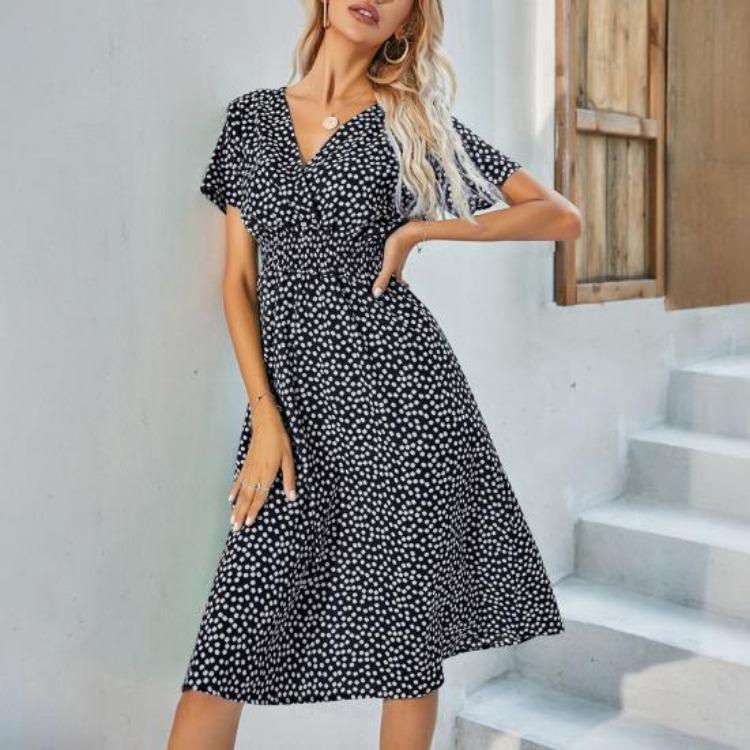 Summer Beach Bohemian Flowy Dress Women Polka Dot Chiffon Midi V Neck Short Sleeve Sundress with Elastic Waist