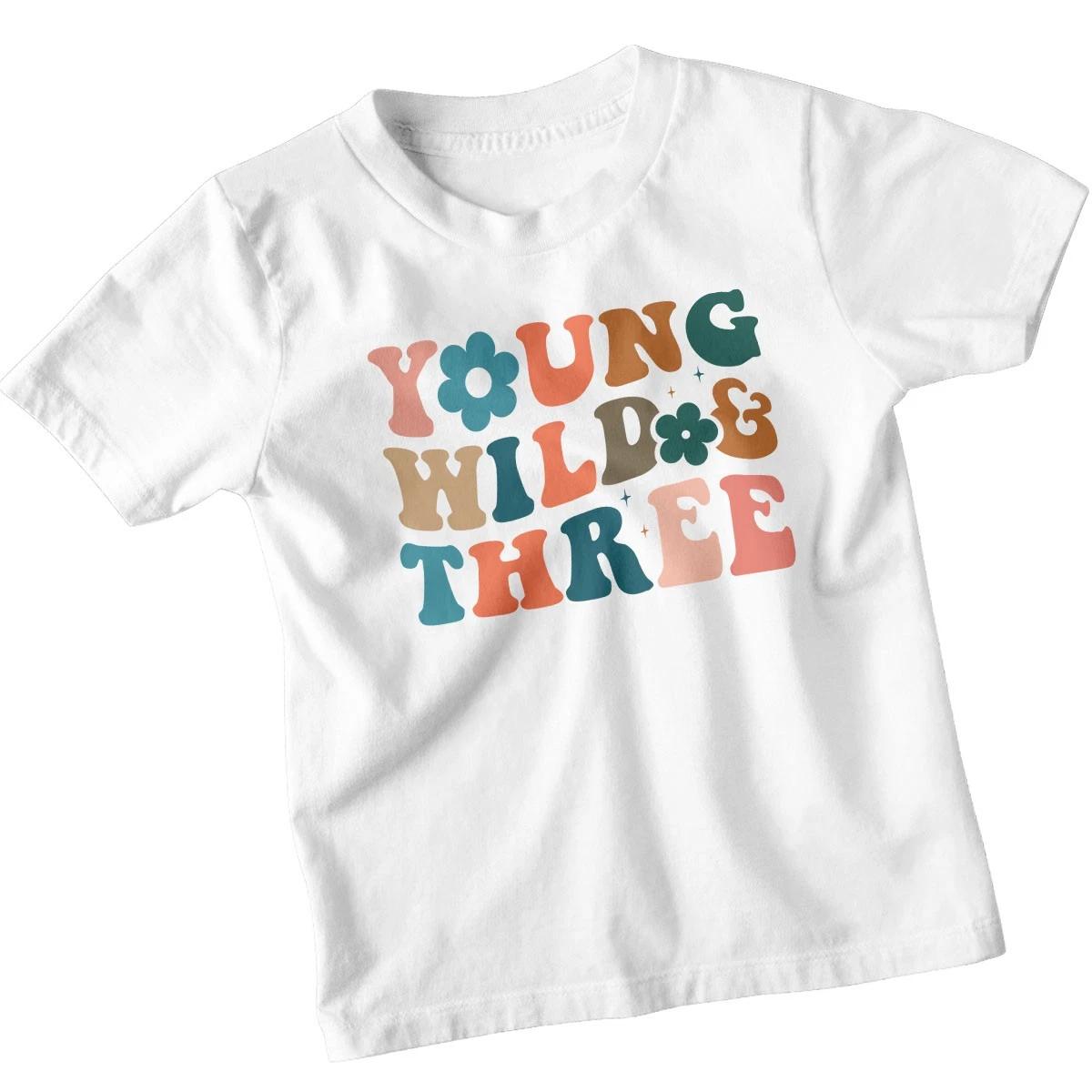 Personalised Young Wild And Three T-Shirt Girls Third Birthday Hippie Flower Tee 100