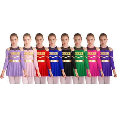 Mädchen Tanzperformance Kleid S-XXL: Langarm-Trikot mit auffälliger Cold-Shoulder, Schlüsselloch-Rücken & Team-Buchstaben-Print