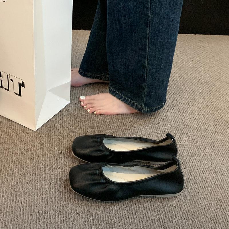 Women Soft Leather Ballet Flats Comfortable Square Toe Slip Shoes Street Style Ladies Casual Daily Wear Dress Loafers Shoes