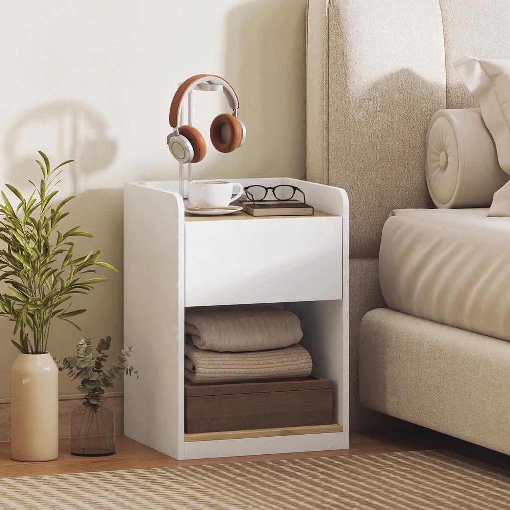 Modern Bedside Table, Slim Nightstand with Drawer, Shelf and Cable Holes, White and Oak