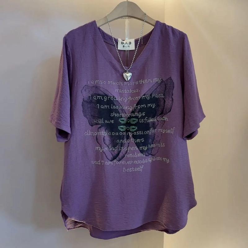

T-shirt Women Versatile Summer Casual Large Size Loose V Neck Pullover Short-sleeved Tops XXXL фіолетовий